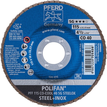 Pferd 62597 4-1/2in x 7/8in POLIFAN Flap Disc - Flat SGP Ceramic Oxide COOL 40G 62597-PFERD